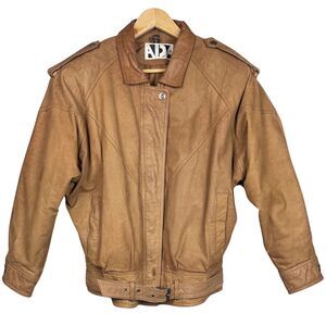 Vintage ADA‎ Leather Jacket Moto Bomber Belted Pockets Epaulettes Medium Brown